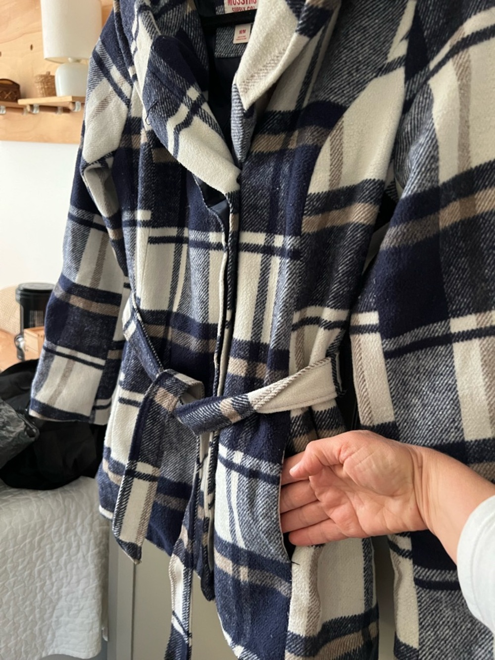 Mossimo Supply Co. Hooded Plaid Belted Coat - Navy, White & Tan - Picture 3 of 7